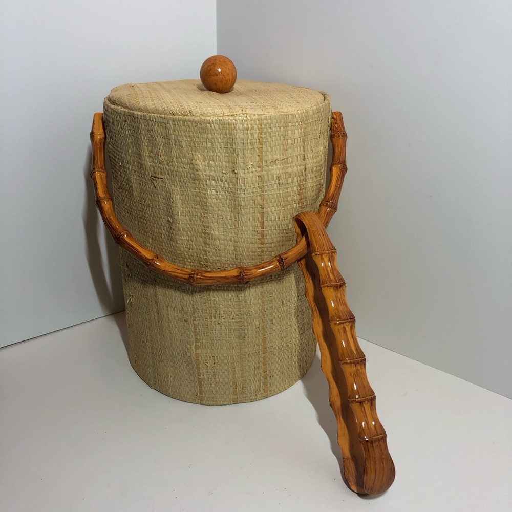 Grass Cloth Ice Bucket with Bamboo Handle & Tongs